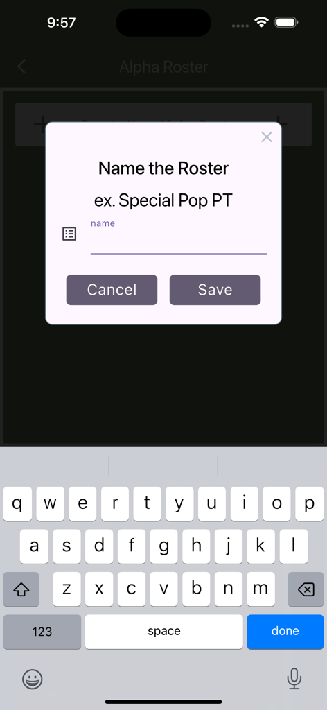 Army NCO Tools & Guide - Janela pop-up para nomear uma nova escala Alpha dentro do aplicativo móvel Ferramentas do NCO do Exército