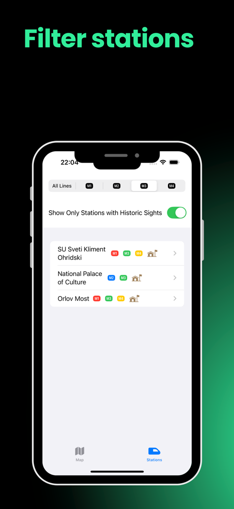 Sofia metro app station filter with historical sights toggle