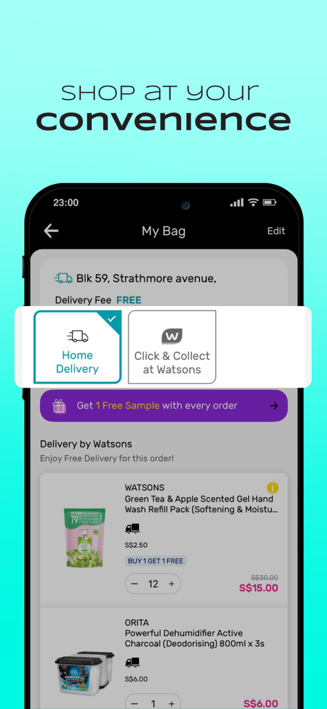 Watsons SG: Your Official App - Watsons SG app shopping bag screen showing checkout options for home delivery and click and collect
