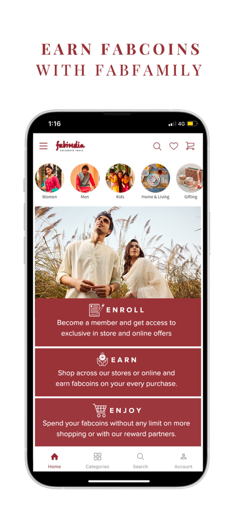 Screenshot der Fabindia App, der das FabFamily-Treueprogramm und Produktkategorien zeigt.