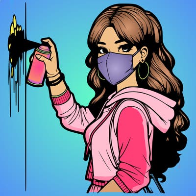 realistic girl with mask spray painting a wall