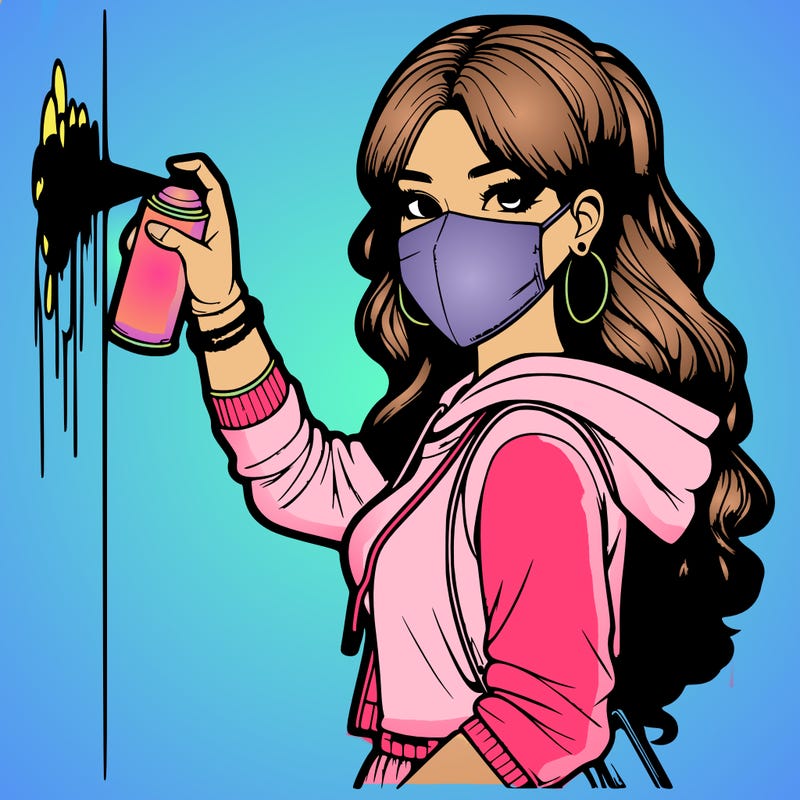 realistic girl with mask spray painting a wall
