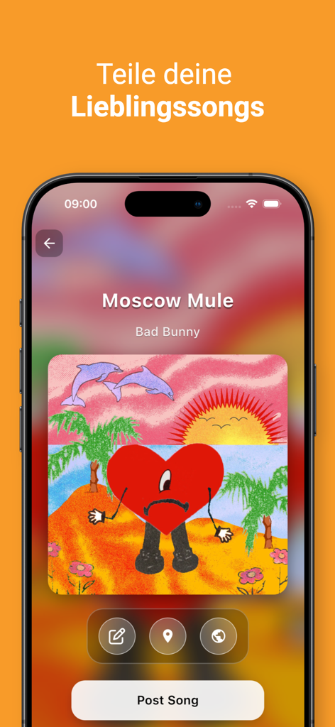 A smartphone screen showing the Echo Music app interface to share a song with Bad Bunny album art and a post button