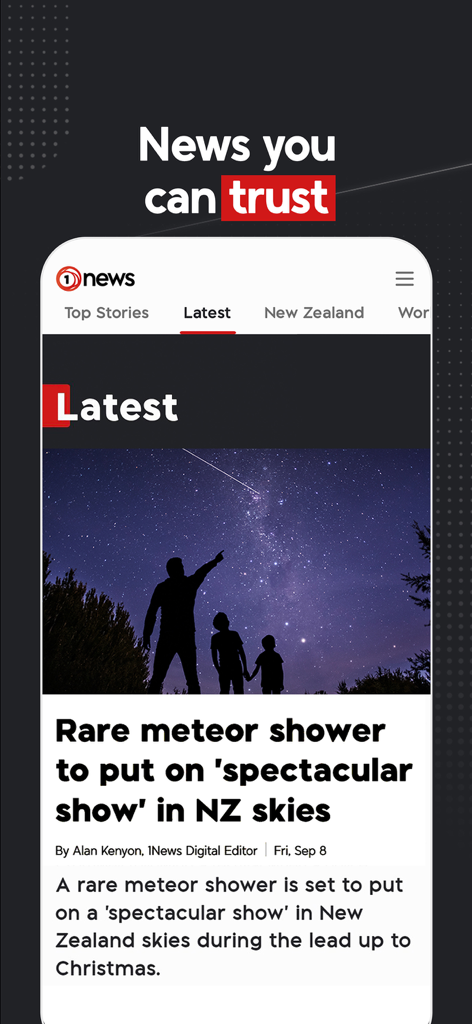 1NEWS - 1NEWS app interface showing the latest news article about a meteor shower in New Zealand skies