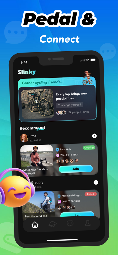 Slinky - Video Call, 1v1 Chat - Mobile app screen for Slinky showing recommended cycling events and community group ride features
