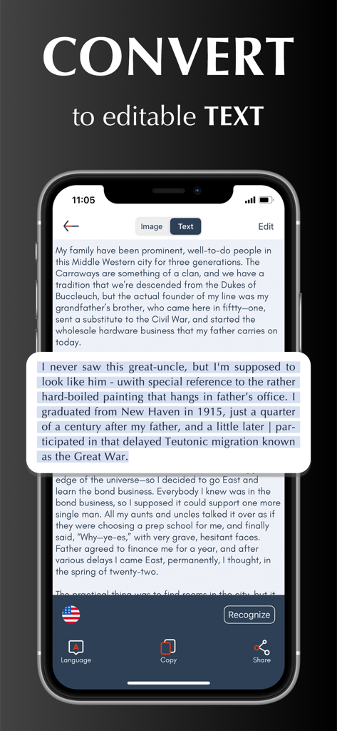 Pantalla de iPhone mostrando Scanner App convirtiendo un documento escaneado en texto editable