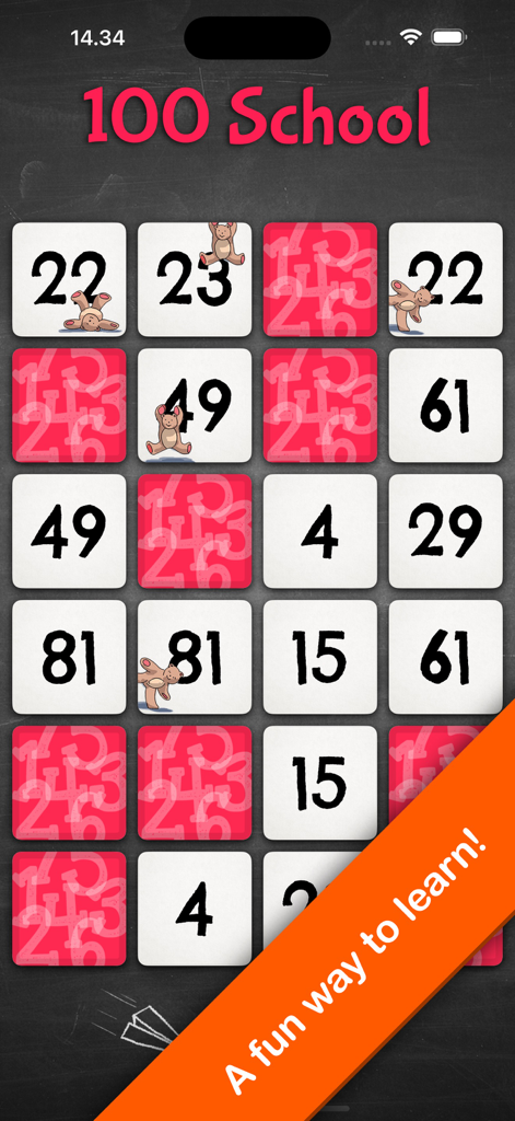 100 School (multilingual) - 100 School app interface with a grid of number cards for a memory matching game