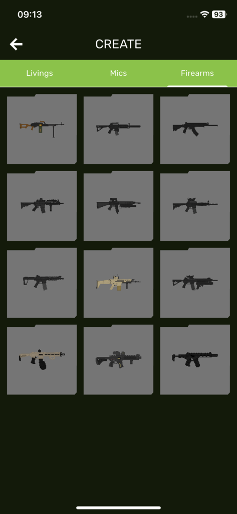 Nolem Playland Addons - A menu in the Nolem Playland app showing a grid of firearm weapon mods for Melon Sandbox