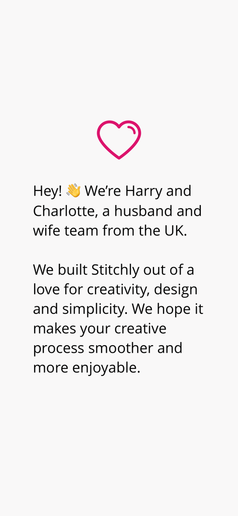Stitchly: Cross stitch - A message from the Stitchly developers Harry and Charlotte with a pink heart icon.