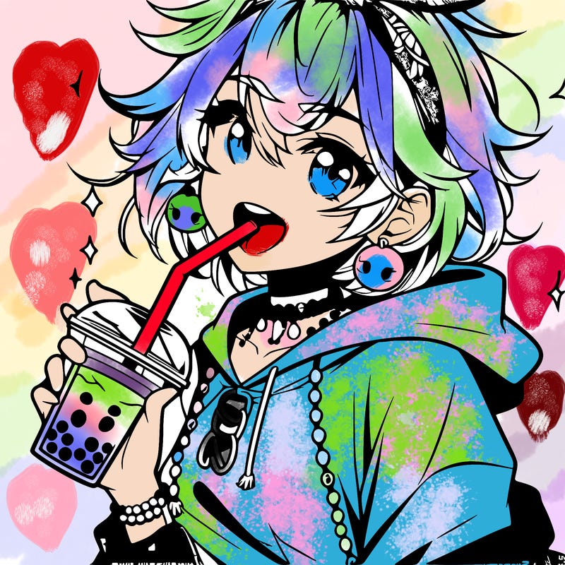 hot baddie anime girl drinking boba and biting the straw