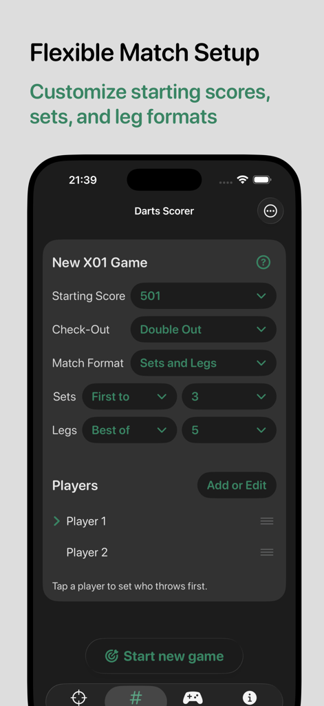 Darts Checkout Scorer - Darts Checkout Scorer match setup screen showing customization options for X01 games