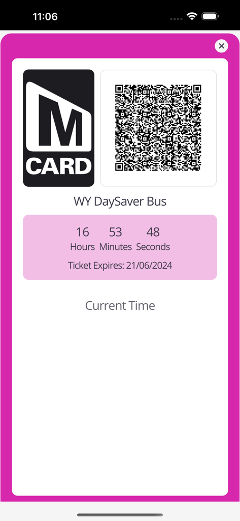 MCard Mobile - Digital bus ticket interface in the MCard Mobile app showing a QR code and ticket expiration timer