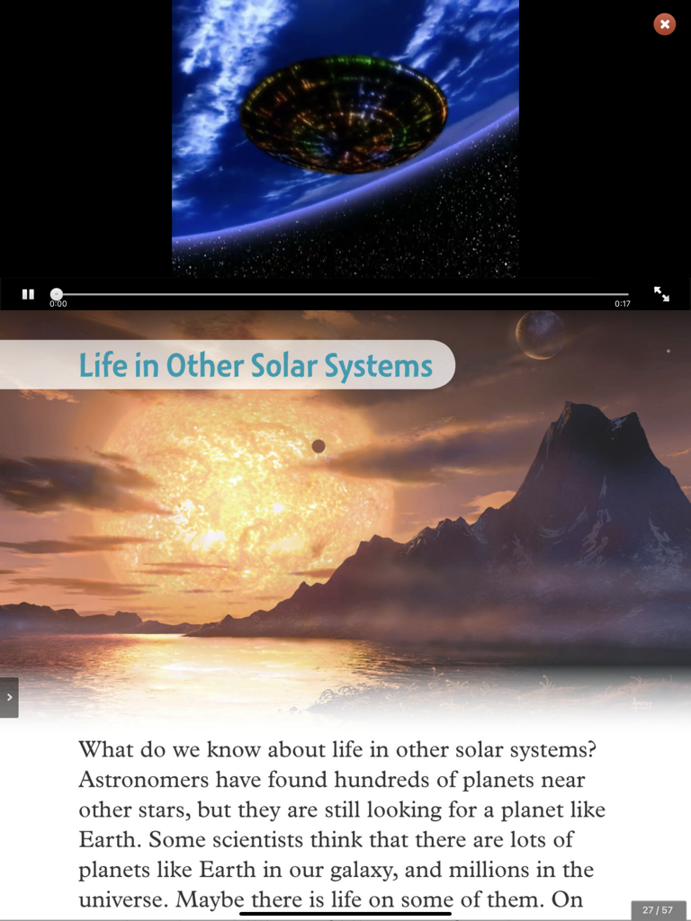 Oxford Learner's Bookshelf - Multimedia ebook page in Oxford Learners Bookshelf titled Life in Other Solar Systems with an integrated video player