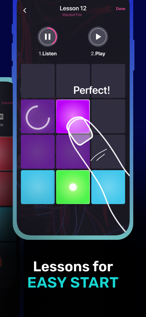 Drum Pad ONE: Dj music maker - Interactive music lessons on Drum Pad ONE app showing a user tapping colorful pads to learn rhythms