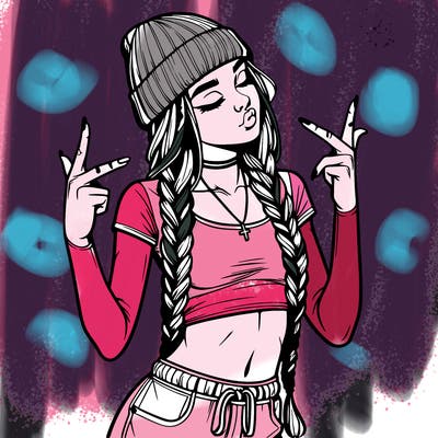 realistic teenage girl with braids and a beanie and crop top doing 🫶🏼