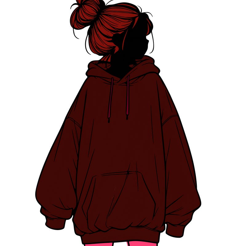 realistic girl with a oversized sweatshirt on and a bun