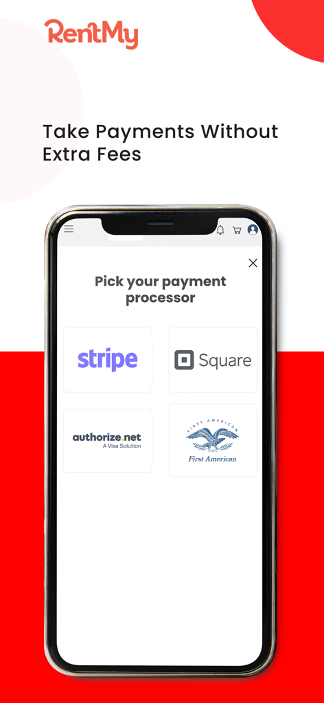 RentMy Rental Software - RentMy App-Bildschirm mit Optionen für die Zahlungsabwickler Stripe, Square und Authorize.net auf einem iPhone