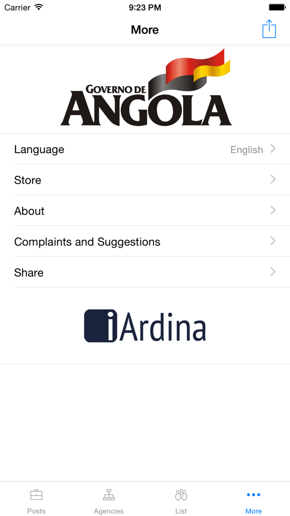 O Executivo - The settings menu of the O Executivo app featuring the Government of Angola logo and language selection.