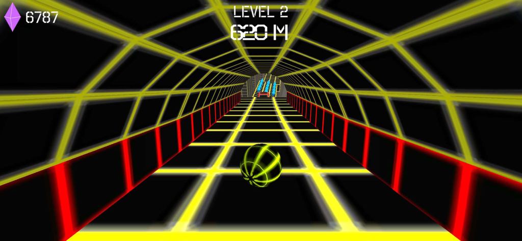 Una bola de neón brillante rueda a través de un túnel de cuadrícula amarillo neón en el juego Dead Slope 3D