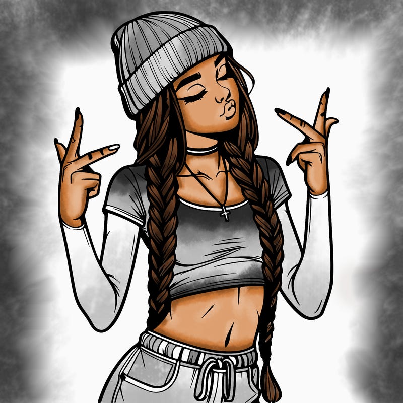 realistic teenage girl with braids and a beanie and crop top doing 🫶🏼