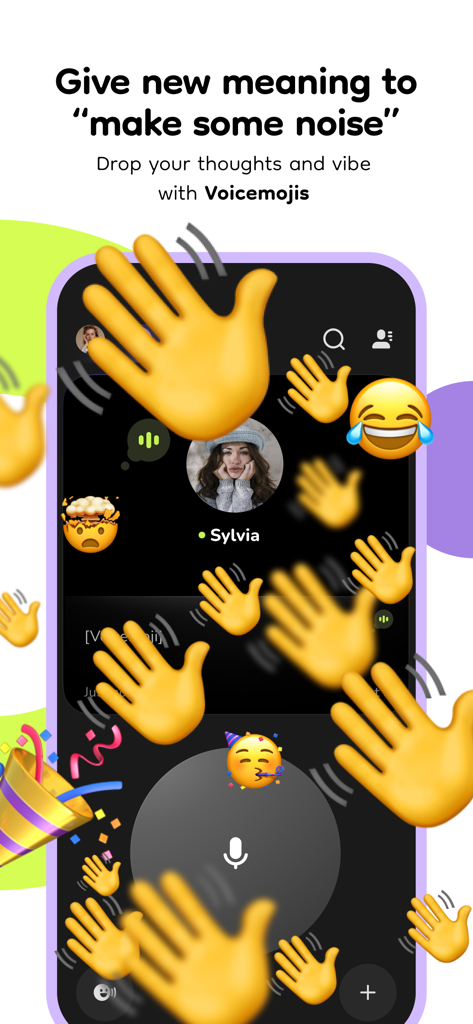 The buz app interface showing voice emojis and clapping hands on screen