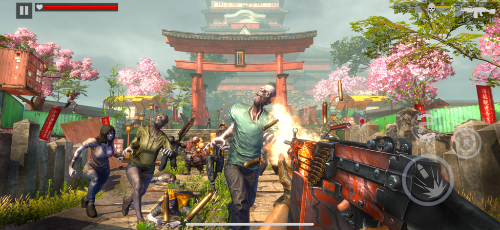 Zombie Fire 3D: Offline Game - First person perspective of shooting zombies in a 3D environment with a Japanese temple background