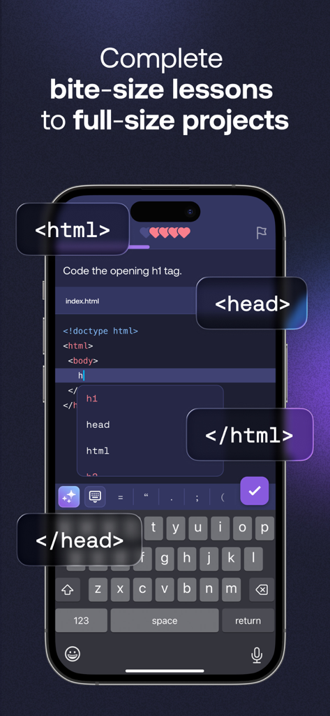 Interactive HTML coding lesson on the Mimo mobile app.