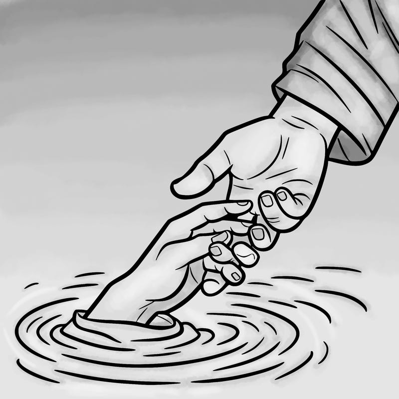 jesus’ hand going down into water to grab someone else’s hand