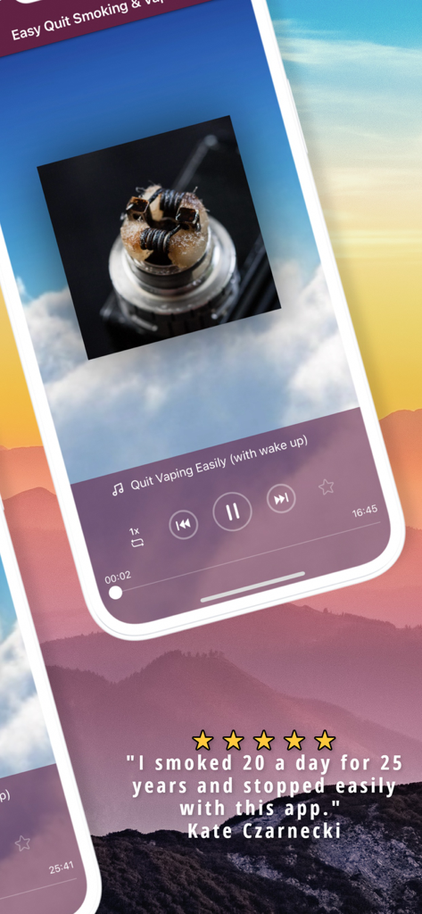 Easy Quit Smoking & Vaping - Easy Quit Smoking and Vaping app interface showing a hypnosis session and a user review