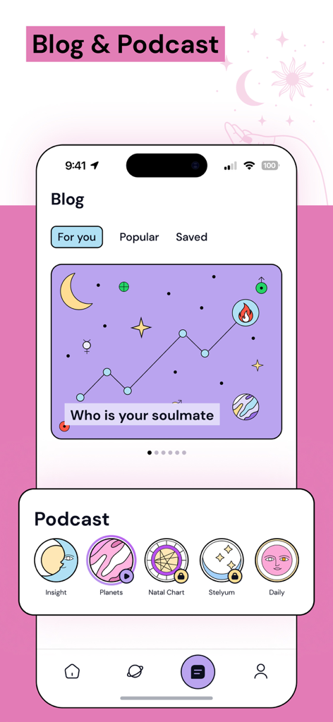 Moyra: Astrology Guide for You - Interface of the Moyra app showing the blog section with a soulmate chart and various astrology podcast categories like Insight and Planets.