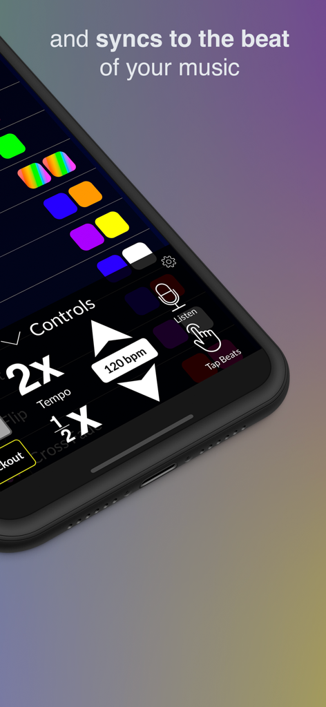 Light DJ Pro for Smart Lights - Smartphone displaying the Light DJ Pro app interface with manual BPM tempo controls and music beat synchronization features.