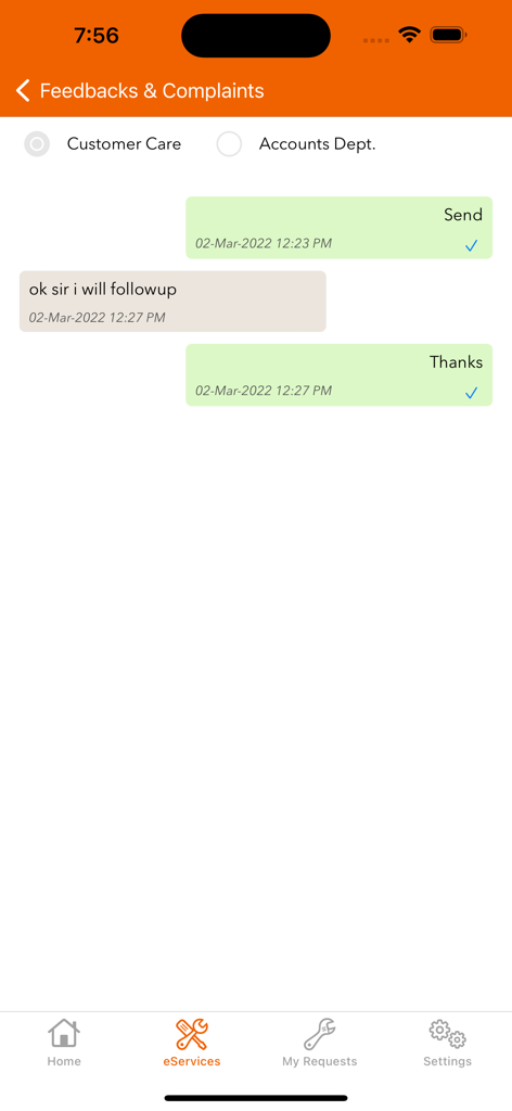 i-Fix - Customer support chat interface for feedback and complaints in the i-Fix app