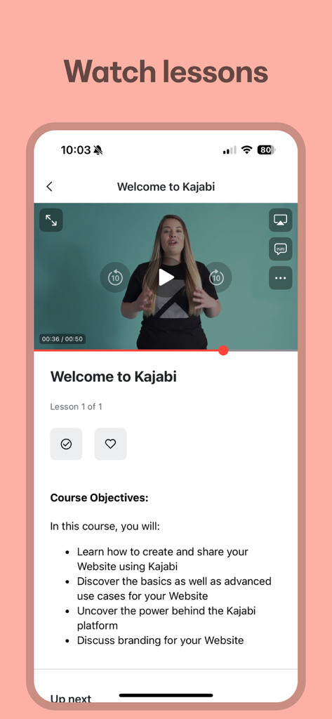 Kajabi mobile app interface showing a video lesson with course objectives
