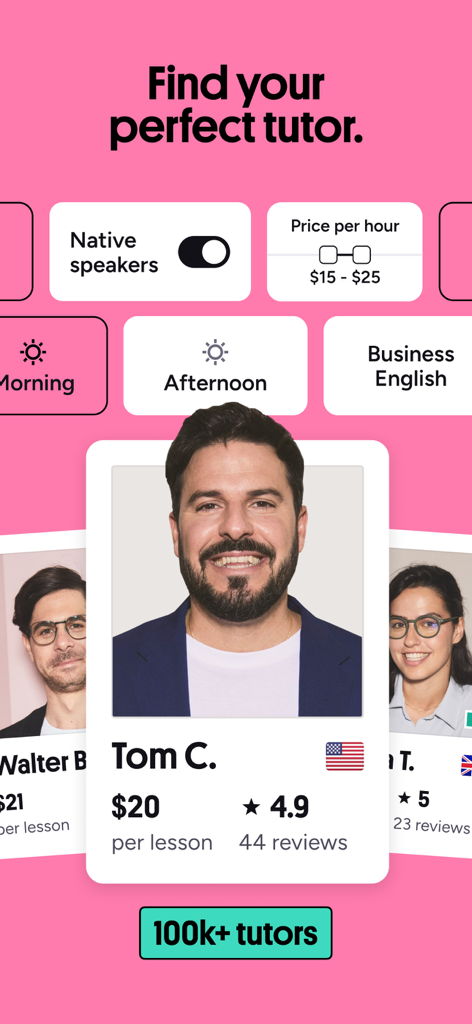 Schermata dell'app Preply che mostra profili di tutor professionisti con valutazioni, prezzi e filtri per l'apprendimento linguistico