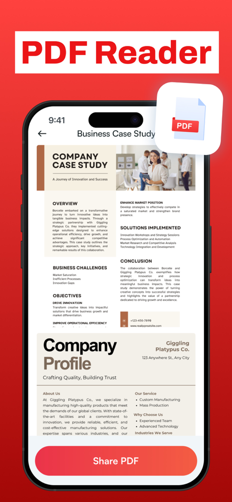 Uma tela de smartphone exibindo um documento PDF intitulado Estudo de Caso de Negócios dentro do aplicativo PDF Maker
