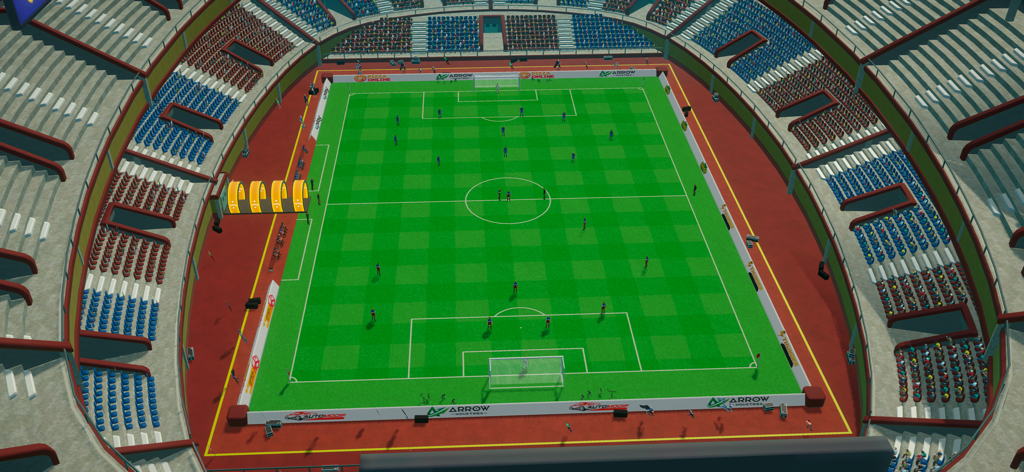 Striker Manager 3 - Aerial view of a 3D soccer stadium with players on the pitch during a match in Striker Manager 3