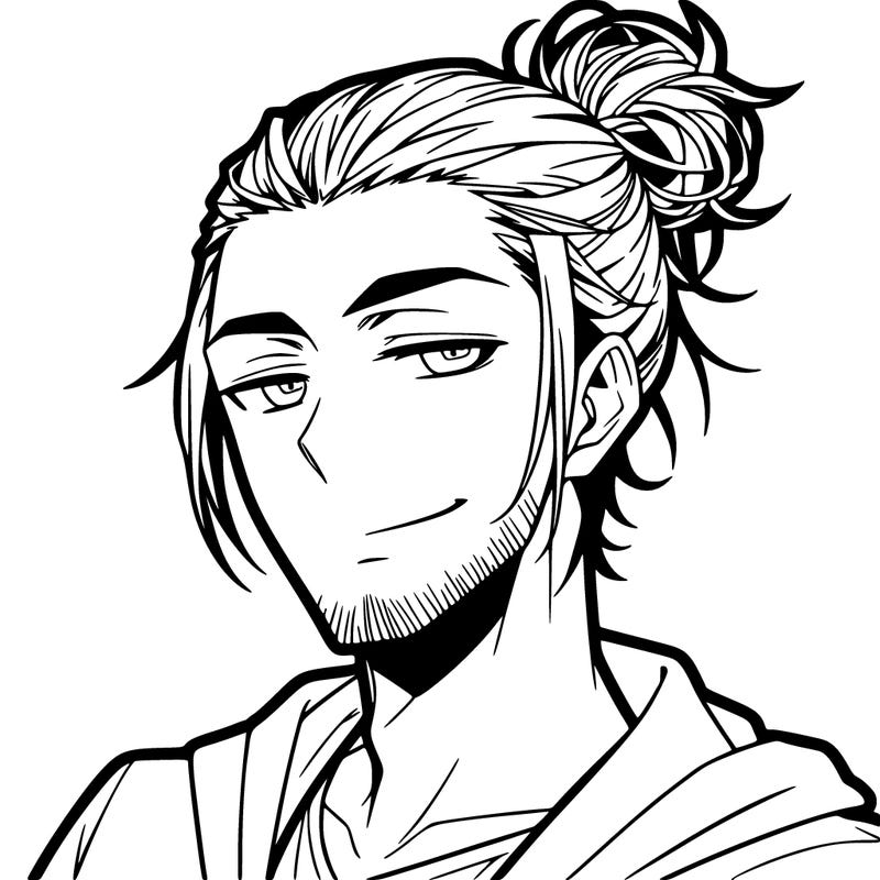 guy with man bun and has a smirk on his face anime style