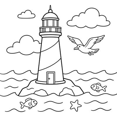 Set sail on a creative journey with this delightful coloring page featuring an offshore lighthouse. Kids will love bringing this charming ocean scene, complete with sea creatures and a flying seagull, to life with their favorite colors.