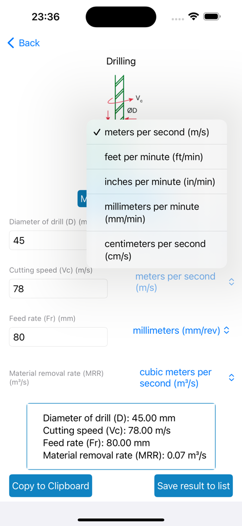Material Removal Rate - Drilling calculation screen in the Material Removal Rate app showing a unit selection dropdown menu for cutting speed