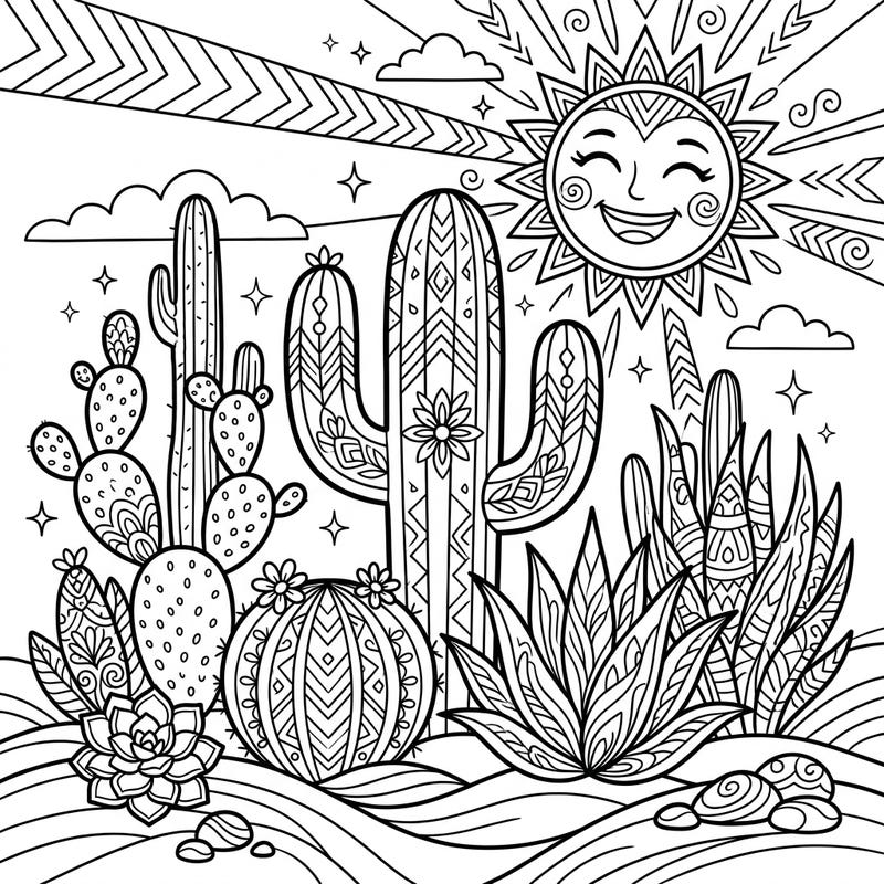Immerse yourself in the warm embrace of summer with this enchanting desert plant coloring page. Featuring a vibrant array of detailed cacti and succulents thriving under a cheerful sun, it's a perfect escape.