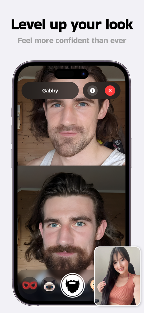 Un hombre usando un filtro de barba de realidad aumentada durante una videollamada 1 a 1 en la aplicación Aveola.