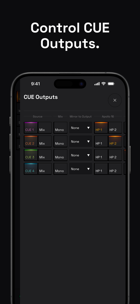 Console Remote Control - Interface of the Console Remote Control app showing CUE outputs management settings on an iPhone