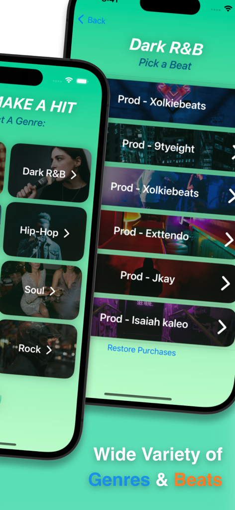 Song Maker: Sing & Make Music - The Song Maker app interface displaying various music genres and a list of beats for creation.