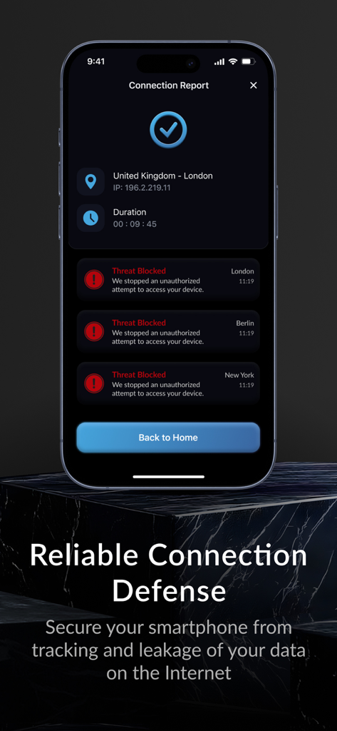 Informe de conexión de la aplicación Swapsafe mostrando intentos de acceso no autorizado bloqueados y estado de VPN en un iPhone