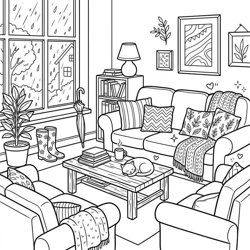 Curl up with this charming coloring page featuring a cozy living room complete with comfortable sofas and an armchair. Perfect for a relaxing rainy day, this scene invites you to unwind and bring warmth to every detail.