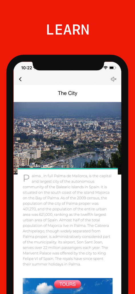 Mallorca Reiseführer-App zeigt eine beschreibende Übersicht und ein Luftbild von Palma de Mallorca.
