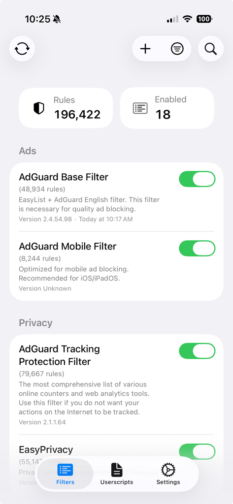 wBlock - wBlock app filters interface showing enabled ad and privacy protection rules on iPhone