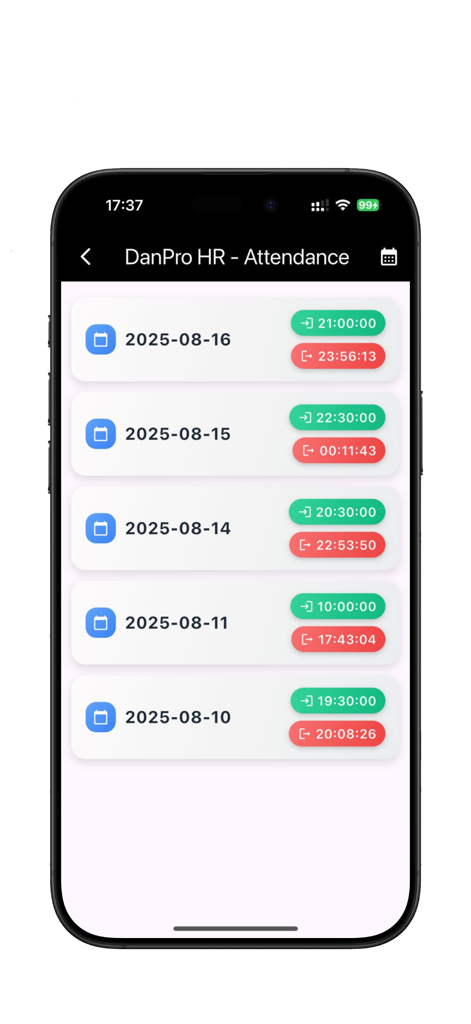 DanPro HR mobile app interface displaying a list of attendance logs with daily clock-in and clock-out times.