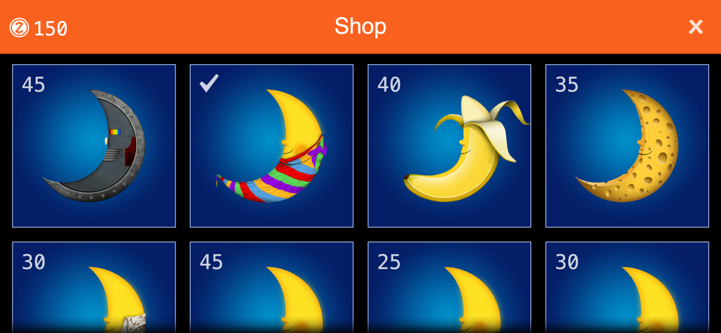 Die In-App-Shop-Oberfläche, die verschiedene Outfits für den Mond-Charakter zeigt, die mit Schlummermünzen erworben werden können