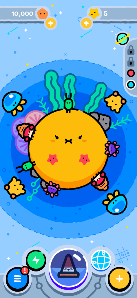 Idle Pocket Planet - A cute yellow planet surrounded by colorful aliens in the Idle Pocket Planet game interface